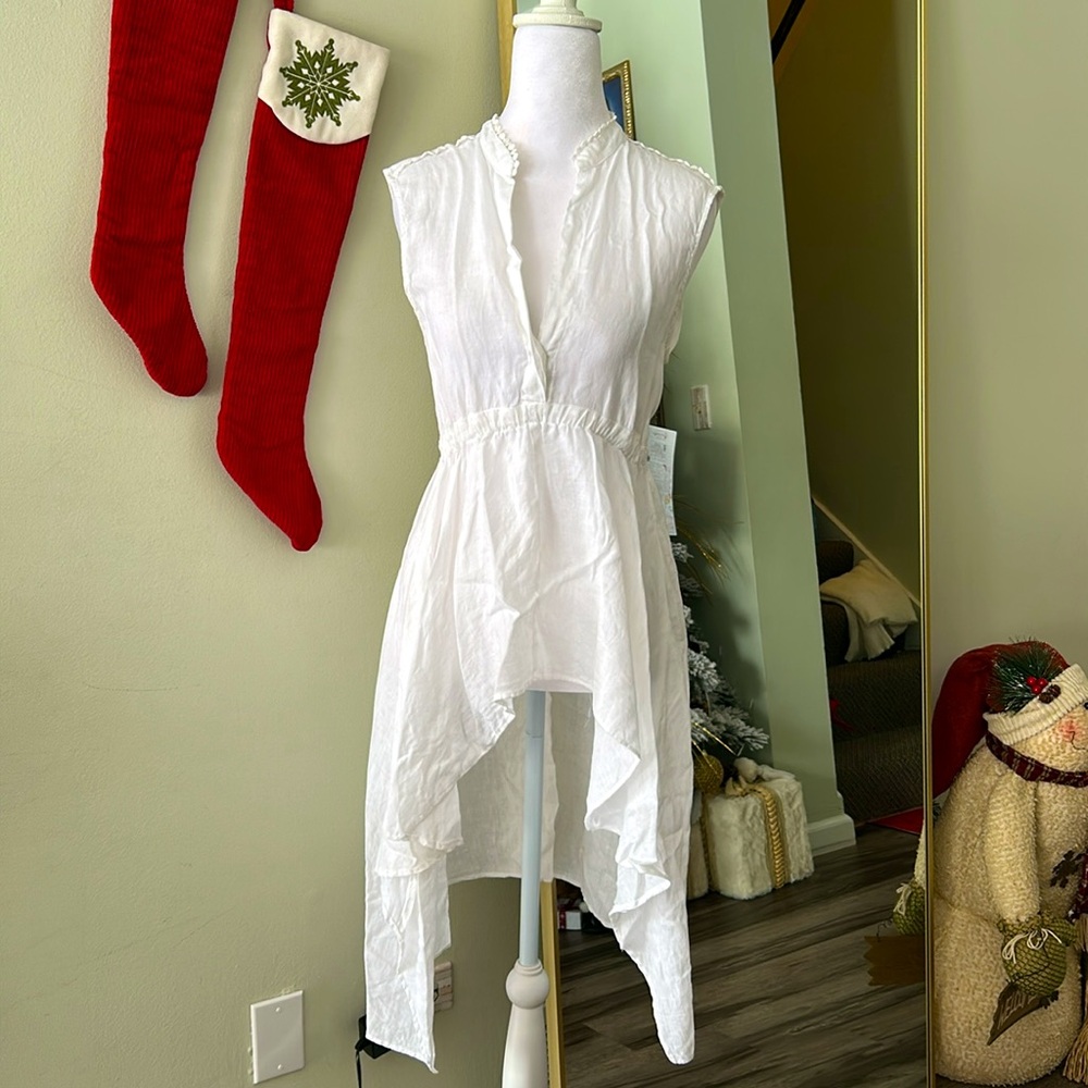 ZARA White Semi-sheer Linen Sleeveless High Low Empire Waist Peplum Tunic